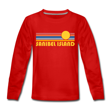 Sanibel Island, Florida Youth Long Sleeve Shirt - Retro Sunrise Youth Long Sleeve Sanibel Island Tee - red
