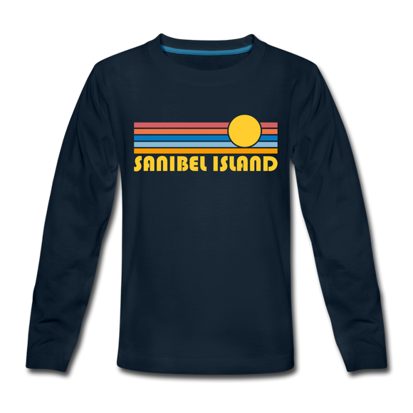 Sanibel Island, Florida Youth Long Sleeve Shirt - Retro Sunrise Youth Long Sleeve Sanibel Island Tee - deep navy