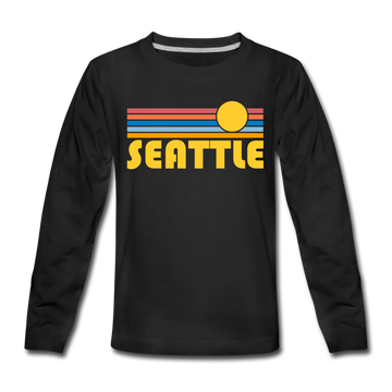 Seattle, Washington Youth Long Sleeve Shirt - Retro Sunrise Youth Long Sleeve Seattle Tee - black