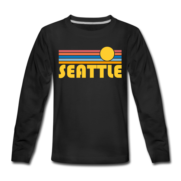 Seattle, Washington Youth Long Sleeve Shirt - Retro Sunrise Youth Long Sleeve Seattle Tee - black