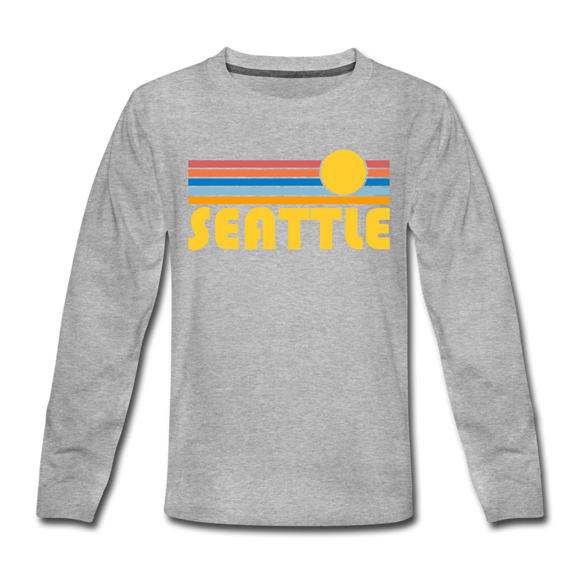 Seattle, Washington Youth Long Sleeve Shirt - Retro Sunrise Youth Long Sleeve Seattle Tee - heather gray