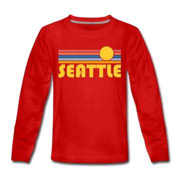 Seattle, Washington Youth Long Sleeve Shirt - Retro Sunrise Youth Long Sleeve Seattle Tee - red