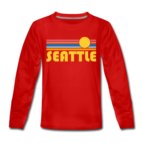 Seattle, Washington Youth Long Sleeve Shirt - Retro Sunrise Youth Long Sleeve Seattle Tee - red