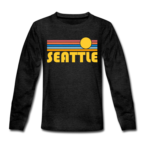 Seattle, Washington Youth Long Sleeve Shirt - Retro Sunrise Youth Long Sleeve Seattle Tee - charcoal gray