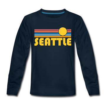 Seattle, Washington Youth Long Sleeve Shirt - Retro Sunrise Youth Long Sleeve Seattle Tee - deep navy