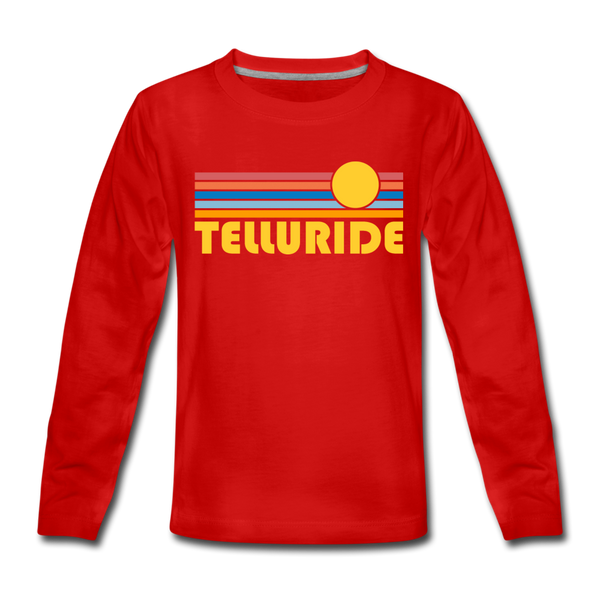 Telluride, Colorado Youth Long Sleeve Shirt - Retro Sunrise Youth Long Sleeve Telluride Tee - red