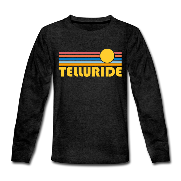 Telluride, Colorado Youth Long Sleeve Shirt - Retro Sunrise Youth Long Sleeve Telluride Tee - charcoal gray