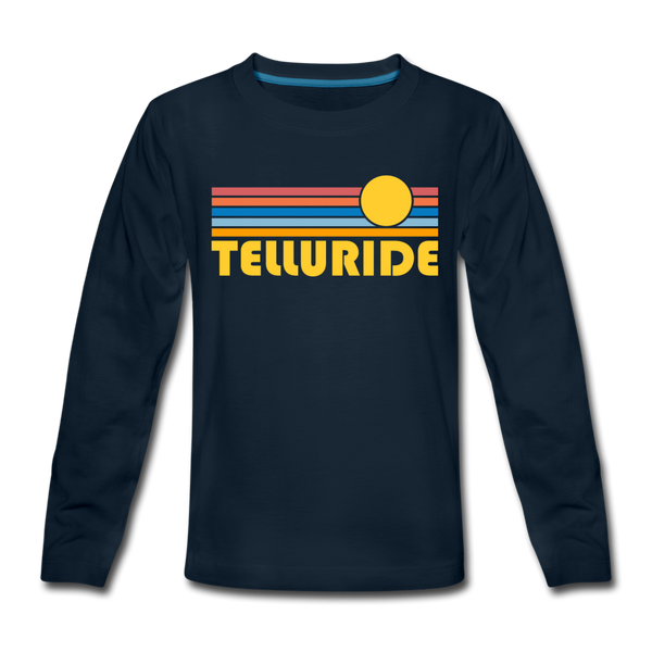 Telluride, Colorado Youth Long Sleeve Shirt - Retro Sunrise Youth Long Sleeve Telluride Tee - deep navy