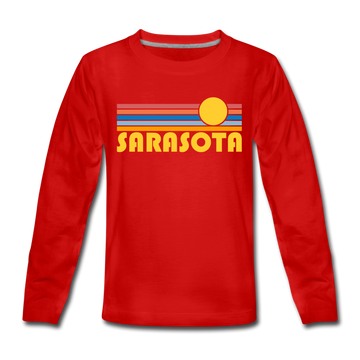 Sarasota, Florida Youth Long Sleeve Shirt - Retro Sunrise Youth Long Sleeve Sarasota Tee - red