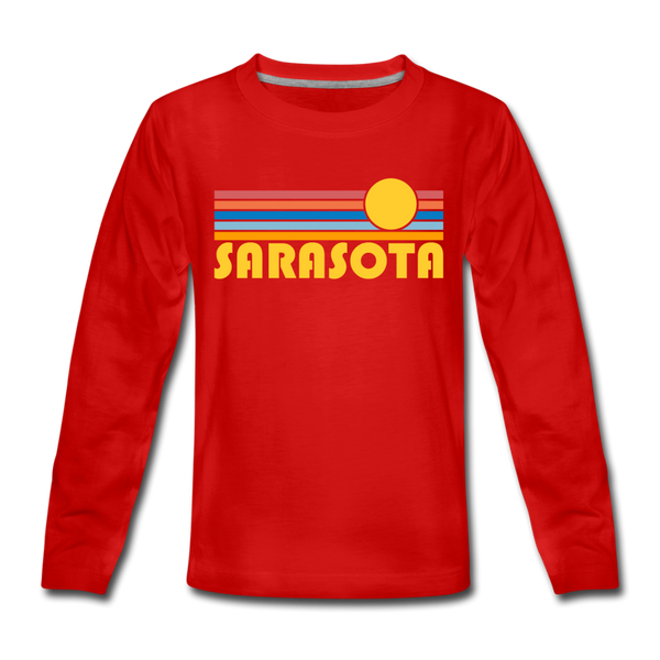 Sarasota, Florida Youth Long Sleeve Shirt - Retro Sunrise Youth Long Sleeve Sarasota Tee - red