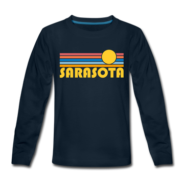 Sarasota, Florida Youth Long Sleeve Shirt - Retro Sunrise Youth Long Sleeve Sarasota Tee - deep navy