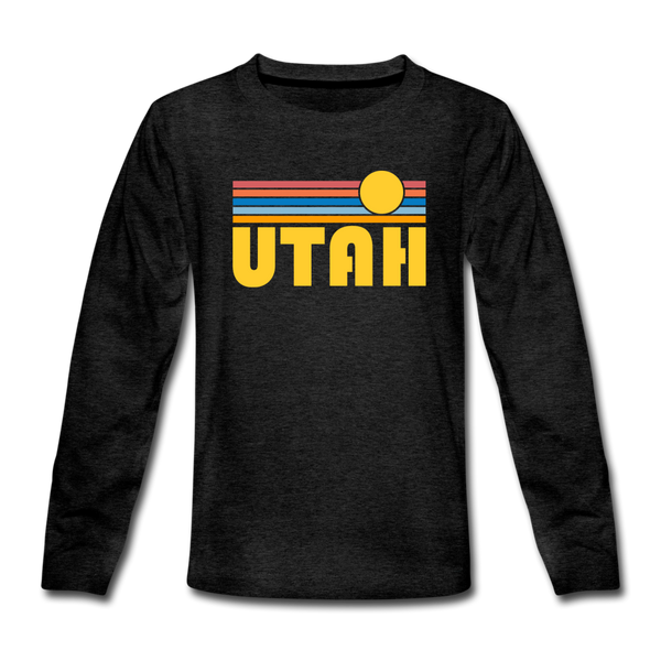Utah Youth Long Sleeve Shirt - Retro Sunrise Youth Long Sleeve Utah Tee - charcoal gray