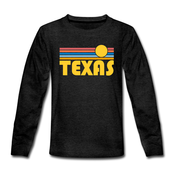 Texas Youth Long Sleeve Shirt - Retro Sunrise Youth Long Sleeve Texas Tee - charcoal gray