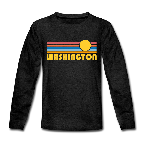 Washington Youth Long Sleeve Shirt - Retro Sunrise Youth Long Sleeve Washington Tee - charcoal gray
