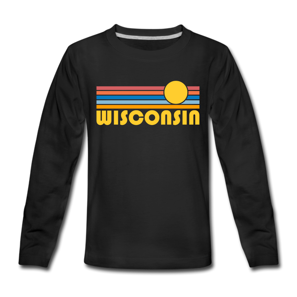 Wisconsin Youth Long Sleeve Shirt - Retro Sunrise Youth Long Sleeve Wisconsin Tee - black
