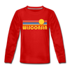 Wisconsin Youth Long Sleeve Shirt - Retro Sunrise Youth Long Sleeve Wisconsin Tee - red