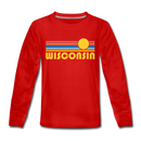 Wisconsin Youth Long Sleeve Shirt - Retro Sunrise Youth Long Sleeve Wisconsin Tee - red