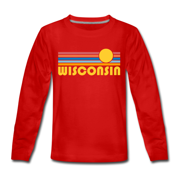 Wisconsin Youth Long Sleeve Shirt - Retro Sunrise Youth Long Sleeve Wisconsin Tee - red