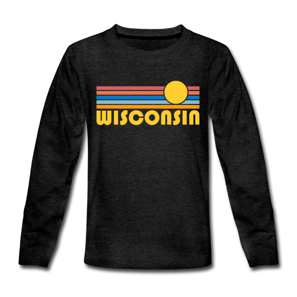 Wisconsin Youth Long Sleeve Shirt - Retro Sunrise Youth Long Sleeve Wisconsin Tee - charcoal gray