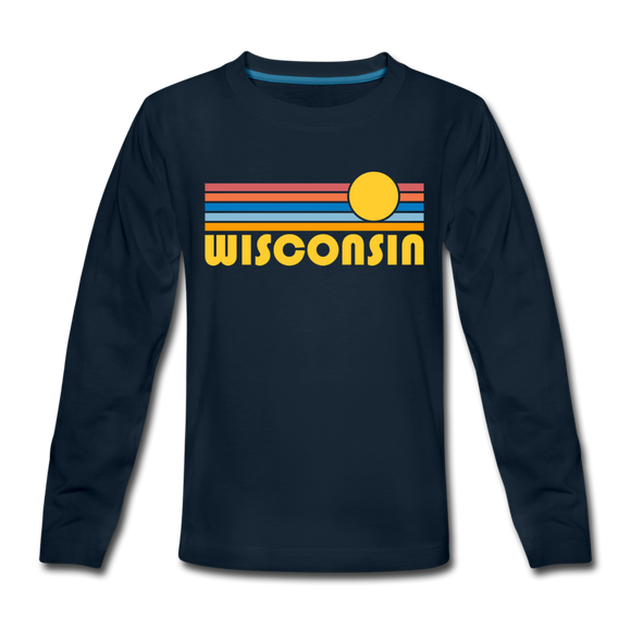 Wisconsin Youth Long Sleeve Shirt - Retro Sunrise Youth Long Sleeve Wisconsin Tee - deep navy