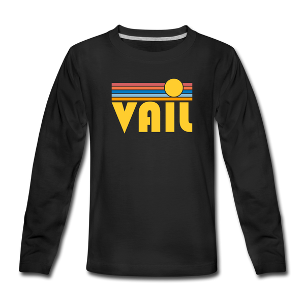 Vail, Colorado Youth Long Sleeve Shirt - Retro Sunrise Youth Long Sleeve Vail Tee - black