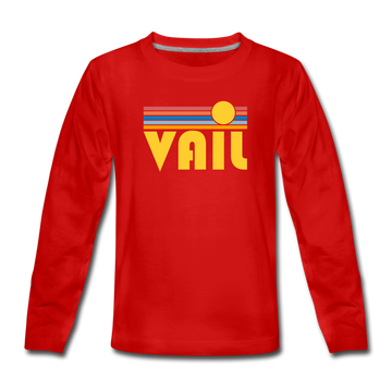 Vail, Colorado Youth Long Sleeve Shirt - Retro Sunrise Youth Long Sleeve Vail Tee - red