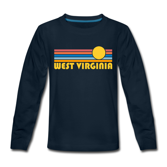 West Virginia Youth Long Sleeve Shirt - Retro Sunrise Youth Long Sleeve West Virginia Tee - deep navy