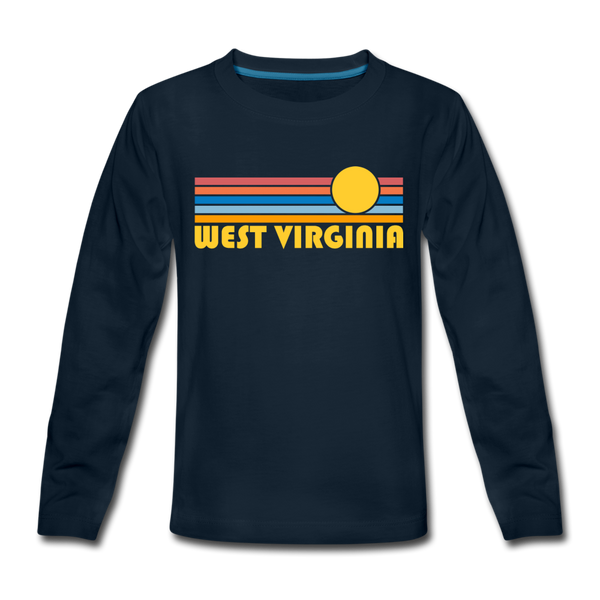 West Virginia Youth Long Sleeve Shirt - Retro Sunrise Youth Long Sleeve West Virginia Tee - deep navy