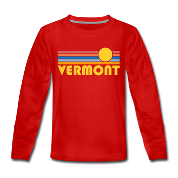 Vermont Youth Long Sleeve Shirt - Retro Sunrise Youth Long Sleeve Vermont Tee - red