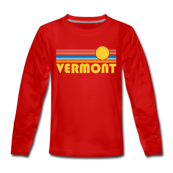 Vermont Youth Long Sleeve Shirt - Retro Sunrise Youth Long Sleeve Vermont Tee - red