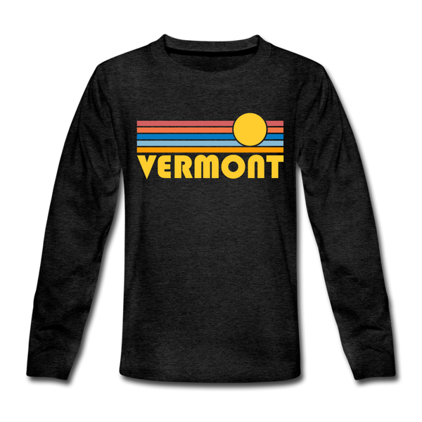 Vermont Youth Long Sleeve Shirt - Retro Sunrise Youth Long Sleeve Vermont Tee - charcoal gray
