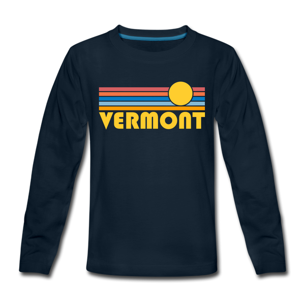 Vermont Youth Long Sleeve Shirt - Retro Sunrise Youth Long Sleeve Vermont Tee - deep navy