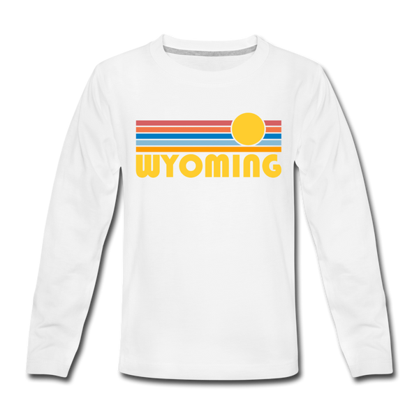 Wyoming Youth Long Sleeve Shirt - Retro Sunrise Youth Long Sleeve Wyoming Tee - white