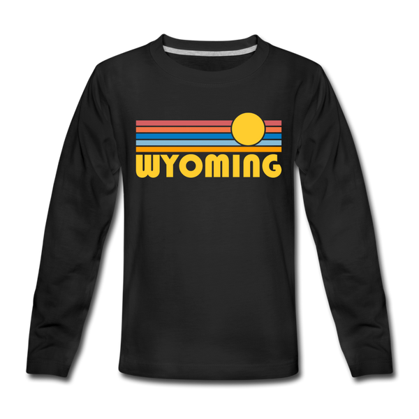 Wyoming Youth Long Sleeve Shirt - Retro Sunrise Youth Long Sleeve Wyoming Tee - black