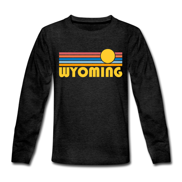 Wyoming Youth Long Sleeve Shirt - Retro Sunrise Youth Long Sleeve Wyoming Tee - charcoal gray
