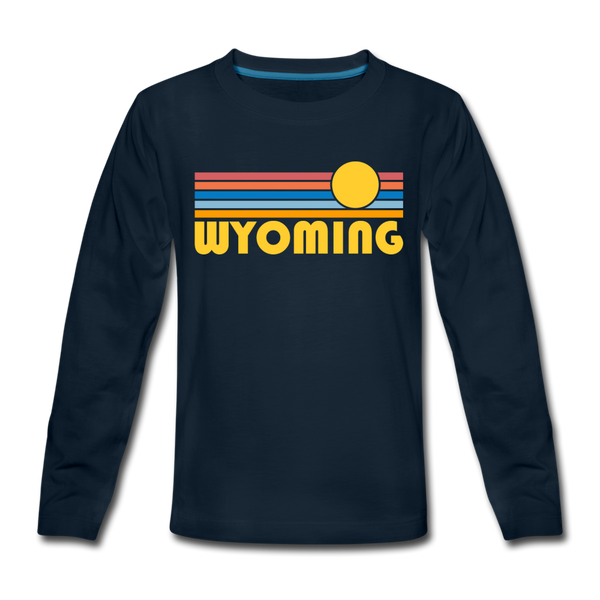 Wyoming Youth Long Sleeve Shirt - Retro Sunrise Youth Long Sleeve Wyoming Tee - deep navy