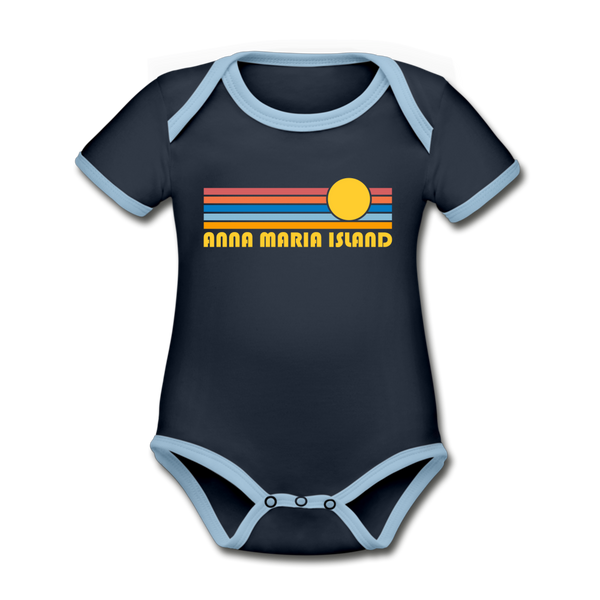 Anna Maria Island, Florida Baby Bodysuit - Organic Retro Sun Anna Maria Island Baby Bodysuit - navy/sky