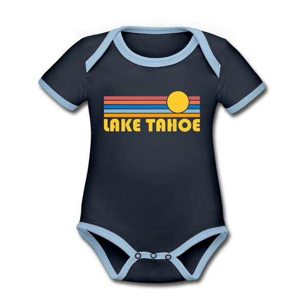 Lake Tahoe, California Baby Bodysuit - Organic Retro Sun Lake Tahoe Baby Bodysuit - navy/sky