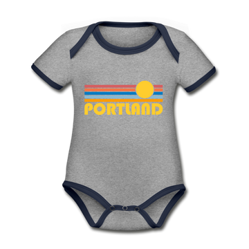 Portland, Oregon Baby Bodysuit - Organic Retro Sun Portland Baby Bodysuit - heather gray/navy