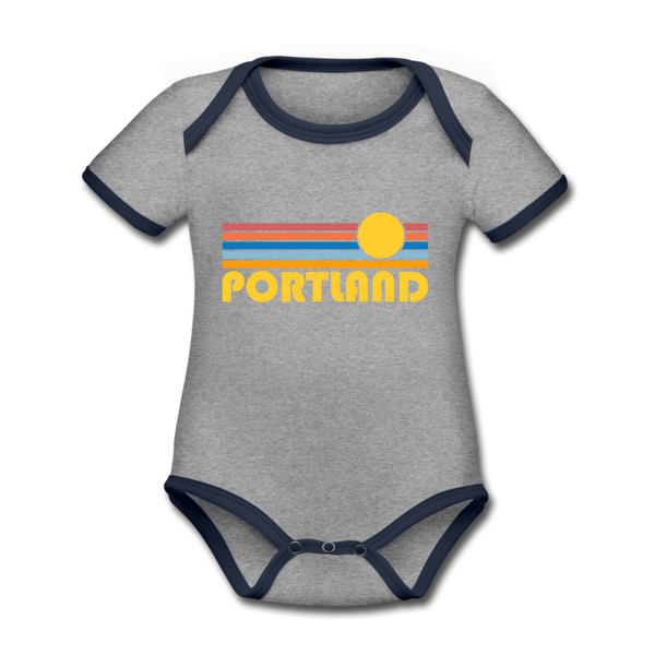 Portland, Oregon Baby Bodysuit - Organic Retro Sun Portland Baby Bodysuit - heather gray/navy