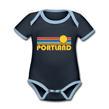 Portland, Oregon Baby Bodysuit - Organic Retro Sun Portland Baby Bodysuit - navy/sky