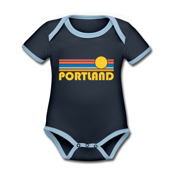 Portland, Oregon Baby Bodysuit - Organic Retro Sun Portland Baby Bodysuit - navy/sky