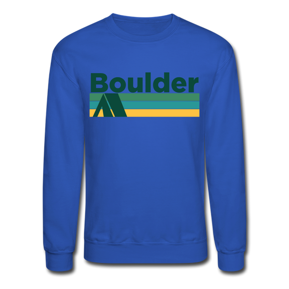 Boulder, Colorado Sweatshirt - Retro Camping Boulder Crewneck Sweatshirt - royal blue