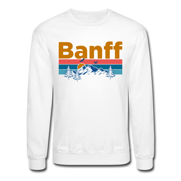 Banff, Canada Sweatshirt - Retro Mountain & Birds Banff Crewneck Sweatshirt - white