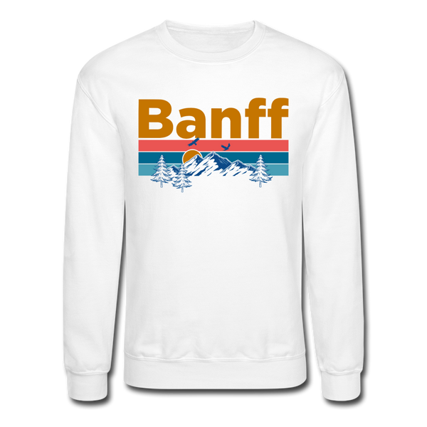 Banff, Canada Sweatshirt - Retro Mountain & Birds Banff Crewneck Sweatshirt - white