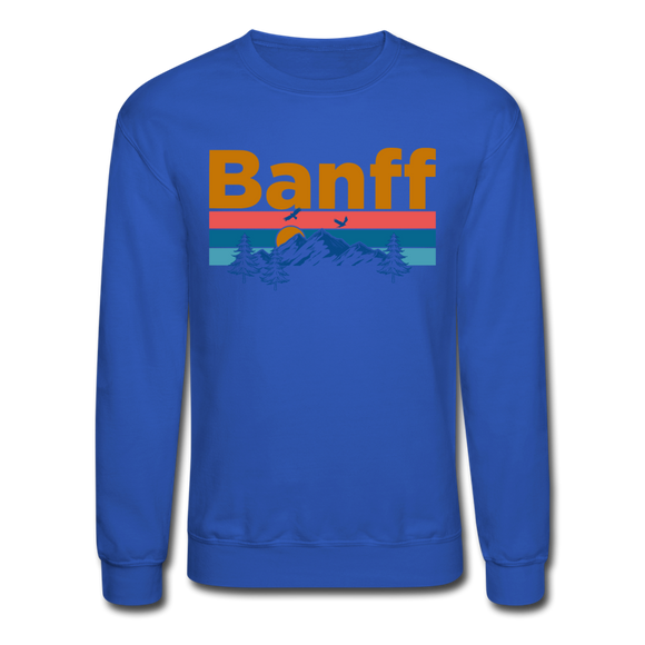 Banff, Canada Sweatshirt - Retro Mountain & Birds Banff Crewneck Sweatshirt - royal blue