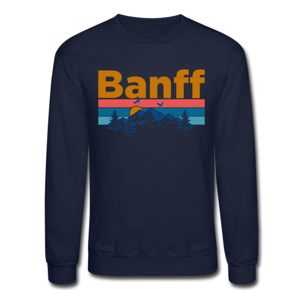 Banff, Canada Sweatshirt - Retro Mountain & Birds Banff Crewneck Sweatshirt - navy