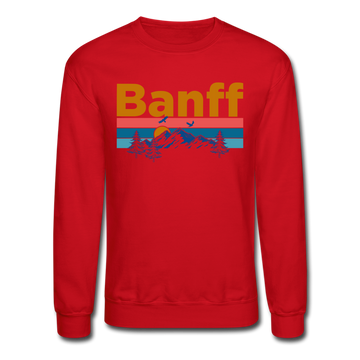 Banff, Canada Sweatshirt - Retro Mountain & Birds Banff Crewneck Sweatshirt - red