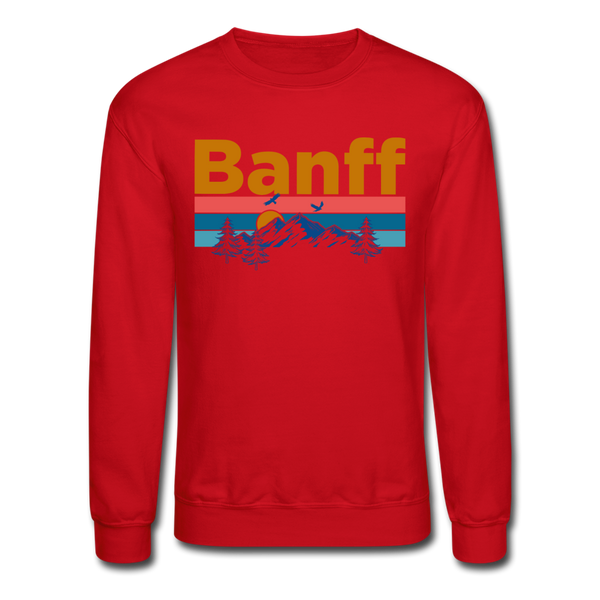 Banff, Canada Sweatshirt - Retro Mountain & Birds Banff Crewneck Sweatshirt - red