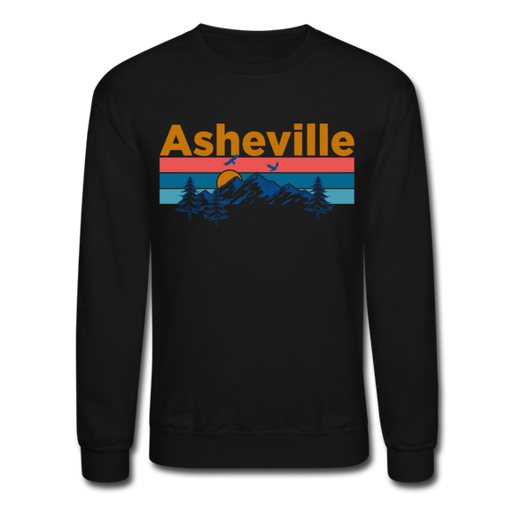 Asheville, North Carolina Sweatshirt - Retro Mountain & Birds Asheville Crewneck Sweatshirt - black